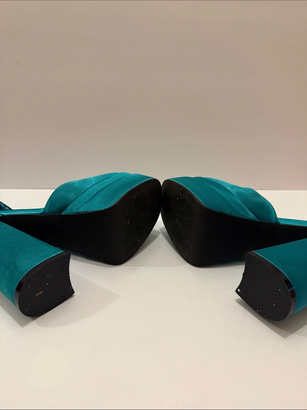 Satin Teal Platform Pumps with Ankle Strap
